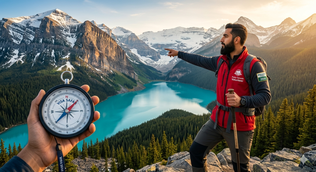 "متطوع بيئي عربي يرتدي زي متطوعي المتنزهات الكندية الرسمية ومعه حقيبة 'Visa Safar 2026'، واقفاً بثقة على قمة جبل روكي الوعر المطلة على بحيرة لويز الفيروزية الساحرة، ممسكاً ببوصلة حديثة وخريطة، رمزاً لريادة 'Visa Safar' في تقديم فرص التطوع البيئي في المتنزهات الوطنية الكندية لعام 2026."