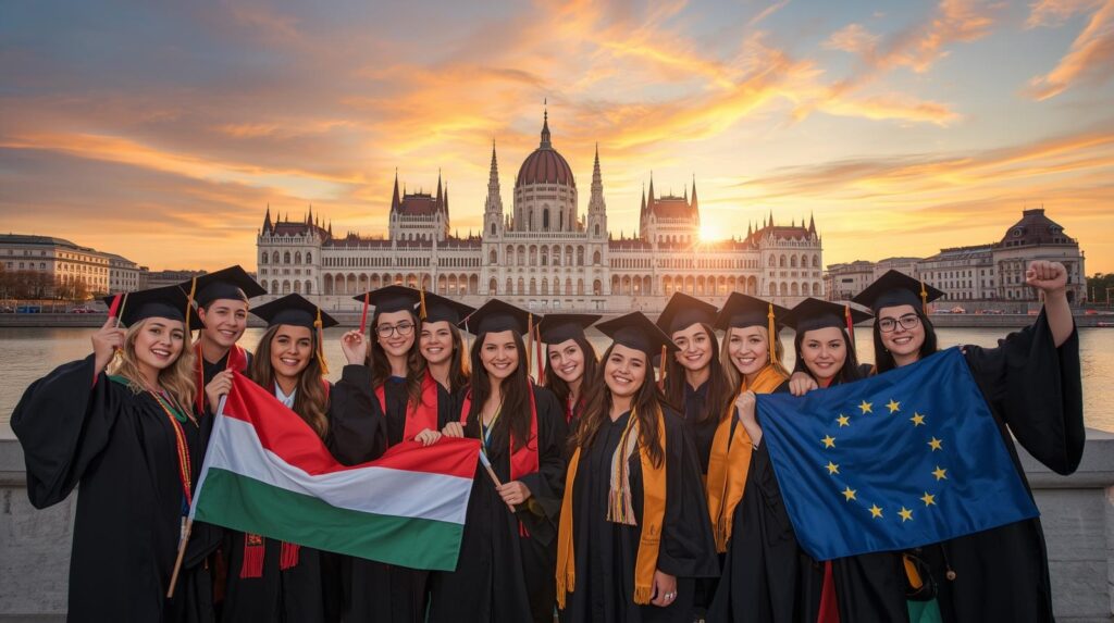 "طلاب متفوقون يرتدون أثواب التخرج ويحملون علم المجر وعلم الاتحاد الأوروبي أمام مبنى البرلمان في بودابست، في إشارة للحصول على منحة الحكومة المجرية 2026 والدراسة المجانية في قلب أوروبا."