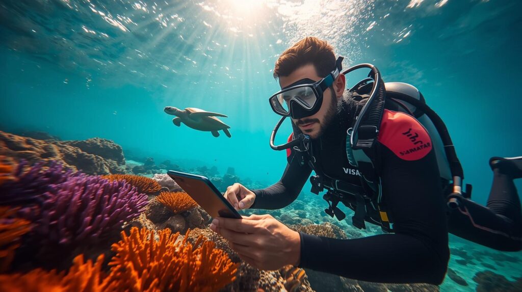 "متطوع بيئي عربي يرتدي بدلة غوص احترافية وعليها شعار 'Visa Safar 2026' أثناء قيامه بمهام التطوع في الحيد المرجاني العظيم 2026 في أستراليا، مستخدماً تقنيات رقمية لتوثيق حالة الشعاب المرجانية الملونة تحت الماء في مشهد يجسد ريادة Visa Safar في دعم حماية المحيطات."