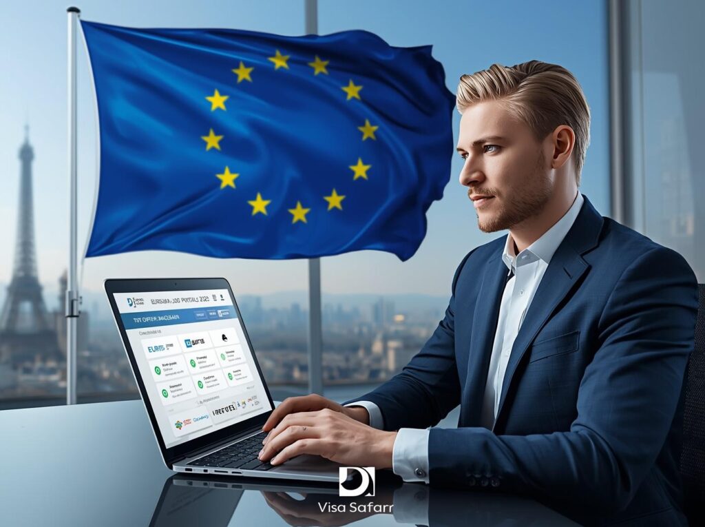 أفضل مواقع توظيف في أوروبا 2026 شاب وسيم ببدلة أنيقة ينظر للاب توب يحمل شعارات توظيف مثل EURES و LinkedIn مع علم الاتحاد الأوروبي فيزا سفر-Visa safar