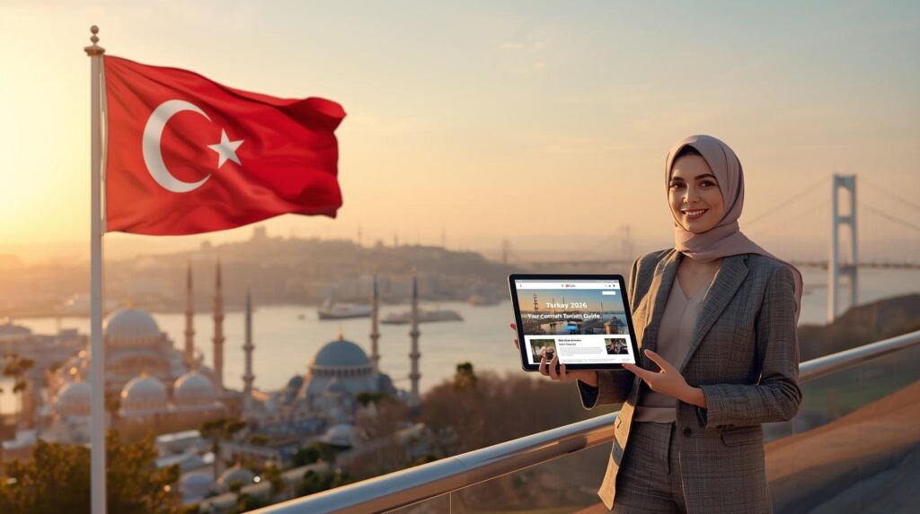 "صورة بانورامية فاخرة لمدينة إسطنبول وجسر البوسفور لعام 2026، تظهر فيها شاشة رقمية تعرض شعار فيزا سفر-Visa Safar ودليلاً تقنياً استرشادياً شاملاً حول أفضل وجهات السياحة في تركيا 2026 للمسافرين العرب."