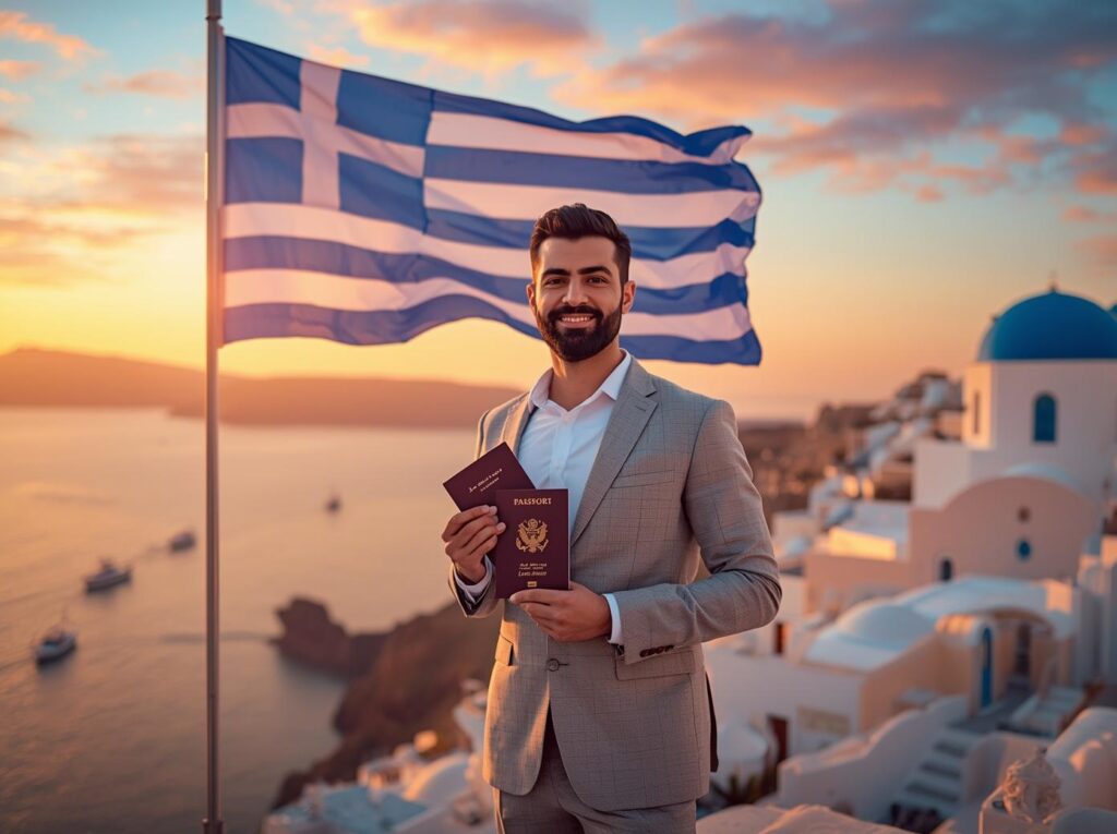 شروط السياحة في اليونان 2026: شاب عربي يحمل جواز سفره أمام غروب سانتوريني الساحر عبر دليل فيزا سفر-Visa safar.