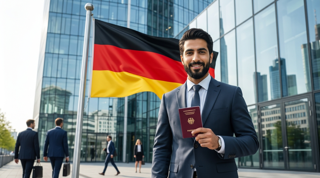 شروط العمل في ألمانيا 2026: شاب عربي يحمل جواز سفره أمام شركات فرانكفورت مع ظهور علم ألمانيا عبر دليل فيزا سفر-Visa safar.