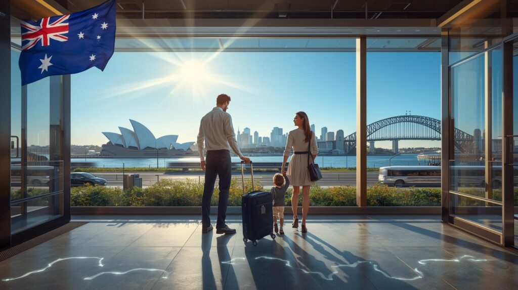 الهجرة إلى أستراليا 2026: عائلة عربية شابة ومثقفة تبتسم وتنظر بتفاؤل إلى أفق مدينة سيدني وأبراجها الحديثة ودار الأوبرا وجسر الميناء تحت أشعة الشمس الساطعة، لتعكس بداية حياة جديدة مليئة بالفرص والاستقرار في القارة الواعدة لعام 2026.