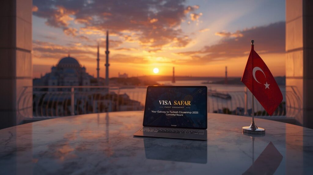 "دليل الحصول على الجنسية التركية عن طريق الاستثمار 2026 عبر منصة فيزا سفر الاسترشادية - عرض لجواز السفر التركي وأفق مدينة إسطنبول."