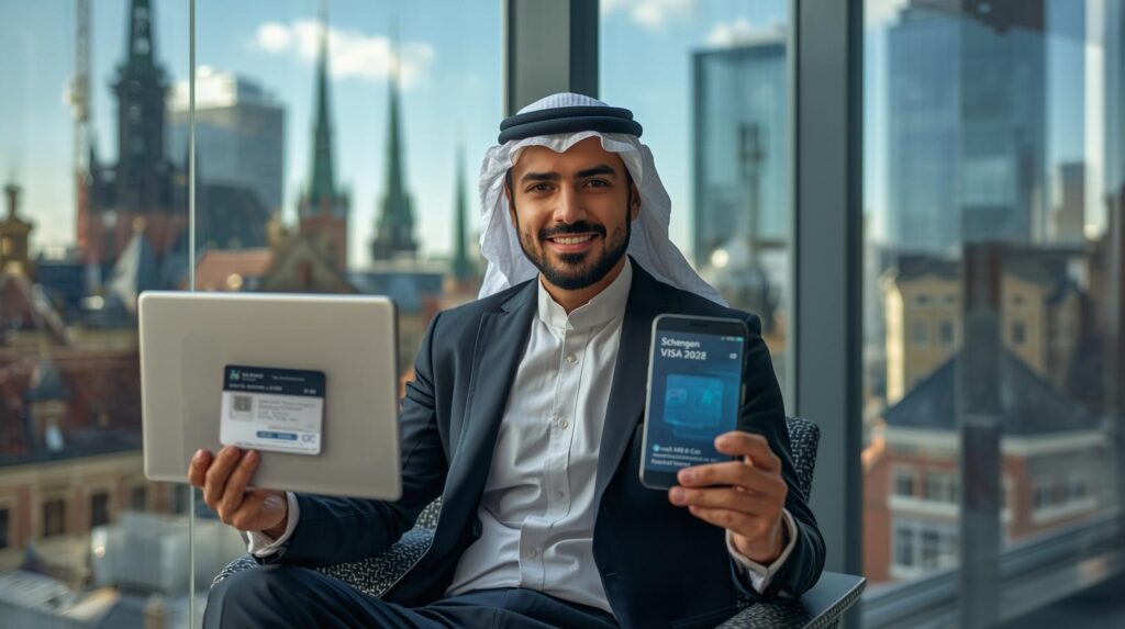 "شاب عربي طموح من فريق Visa Safar يحصل على الإقامة الرقمية (e-Residency) وفيزا السفر إلى إستونيا 2026، مستعرضاً فرص العمل عن بعد وتأسيس الشركات الناشئة في تالين لعام 2026 بمنطقة الشنغن."