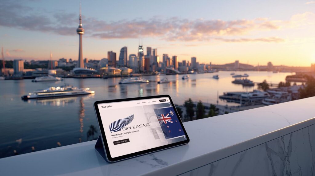 منظر بانورامي لأوكلاند لعام 2026 يظهر شاشة رقمية بشعار فيزا سفر-Visa Safar ودليلاً استرشادياً حول شروط الجنسية النيوزلندية 2026 للمستثمرين والكفاءات العربية