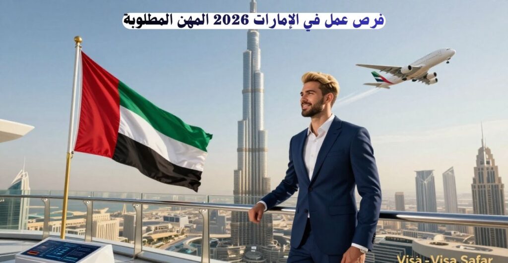 فرص عمل في الإمارات 2026 شاب وسيم ببدلة فاخرة يحمل الإقامة الذهبية أمام متحف المستقبل وبرج خليفة وعلم الإمارات يرفرف فيزا سفر-Visa safar