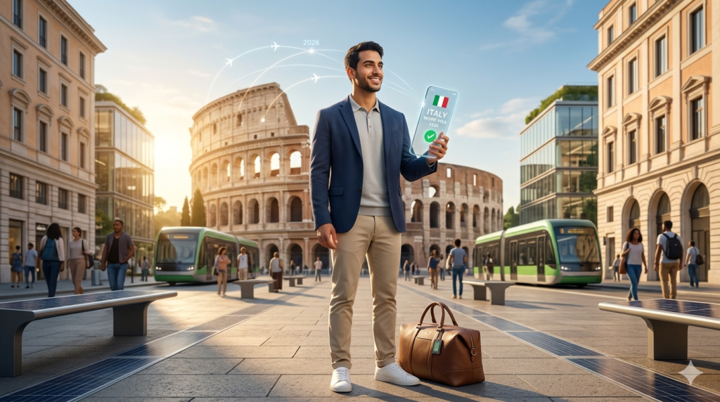 طرق السفر إلى إيطاليا 2026: شاب عربي يبتسم ويحمل حقيبته أمام مدرج الكولوسيوم في روما تحت أشعة الشمس، يعبر عن بدء رحلة جديدة للعمل والاستقرار في إيطاليا لعام 2026.