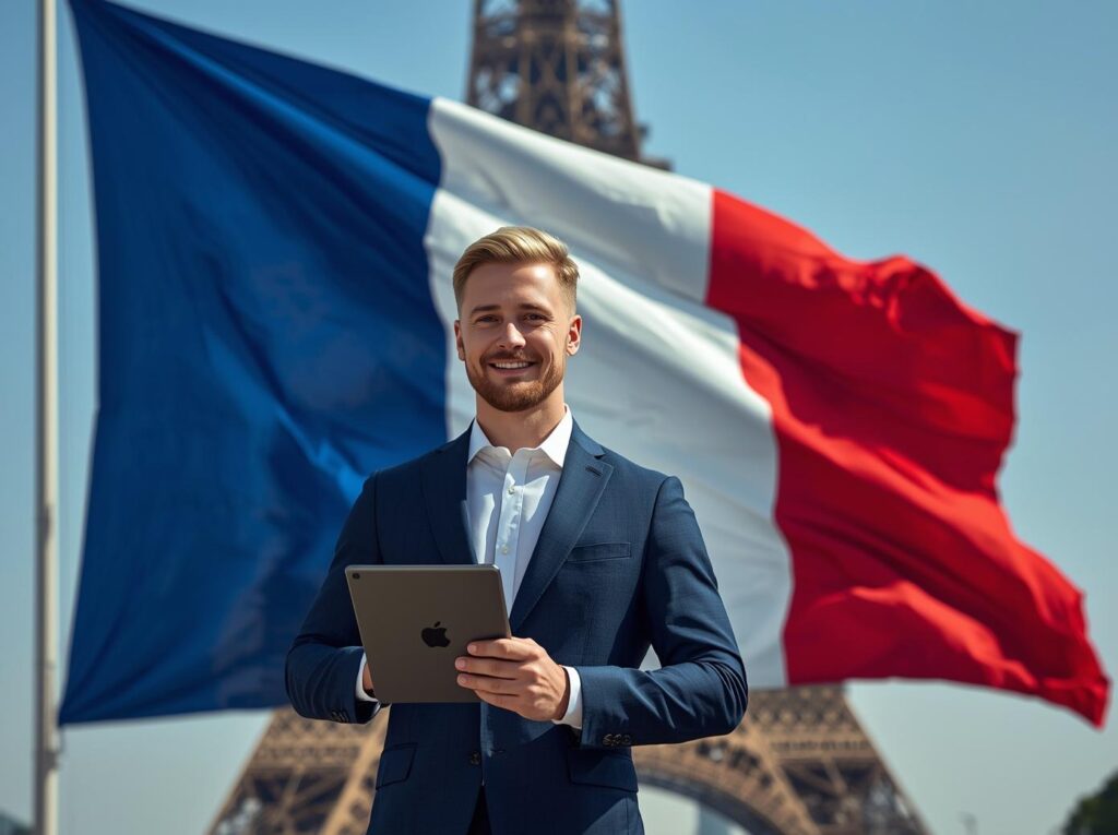 وظائف في فرنسا 2026 شاب وسيم ببدلة أنيقة يحمل تصريح العمل "باسبور تالون" أمام برج إيفل وعلم فرنسا يرفرف فيزا سفر-Visa safar